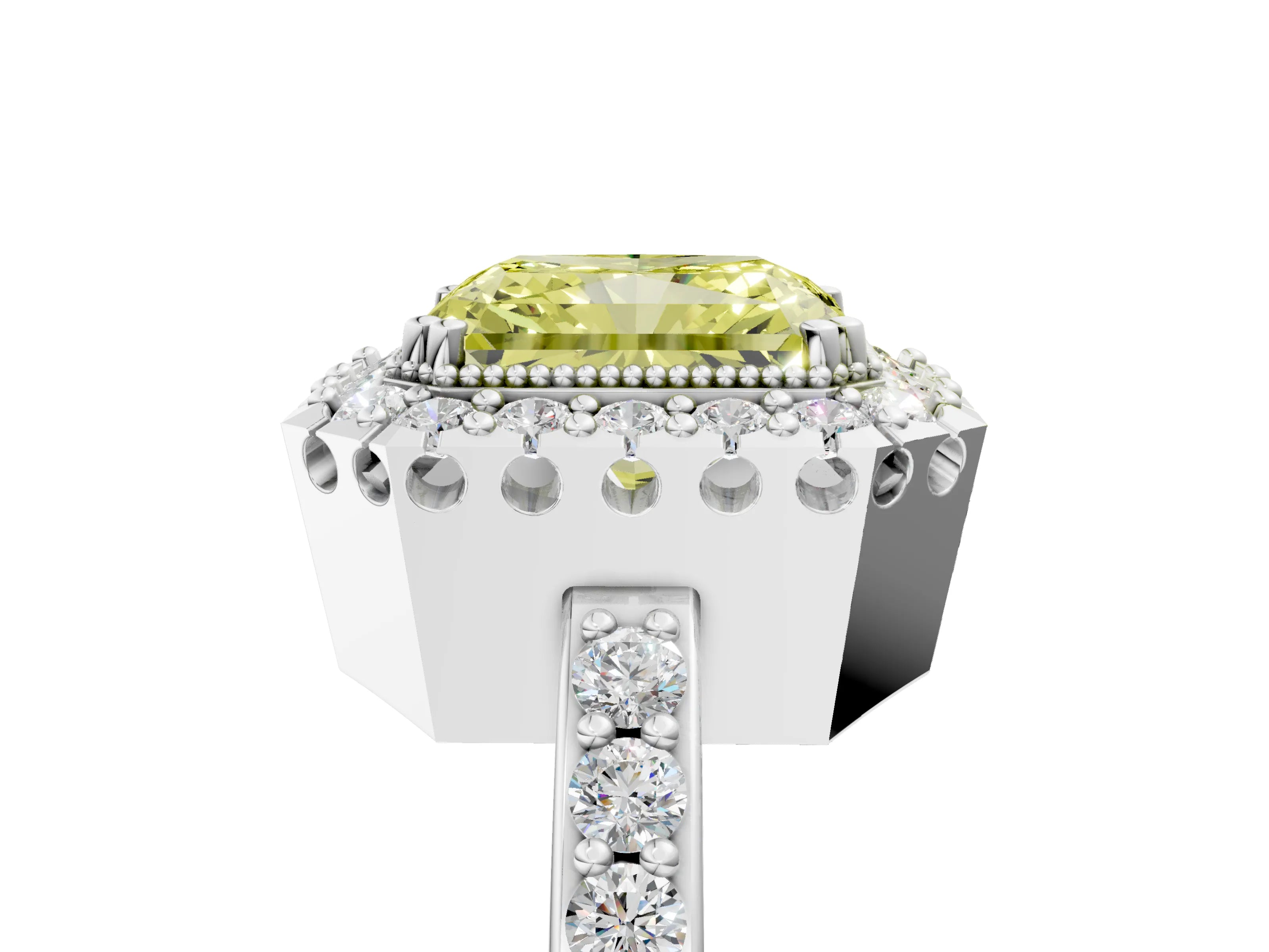 White gold Fancy Yellow Radiant Cut Diamond Halo Ring with Pavé Band and Prong Setting_17