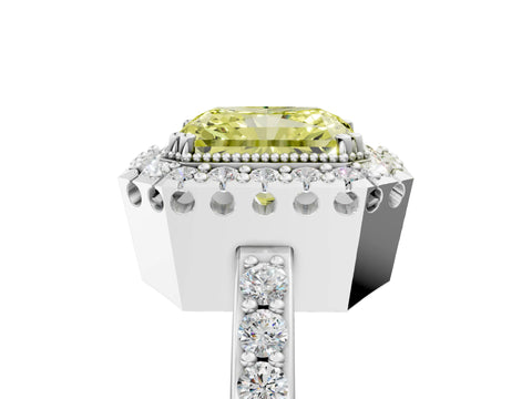 White gold Fancy Yellow Radiant Cut Diamond Halo Ring with Pavé Band and Prong Setting_17