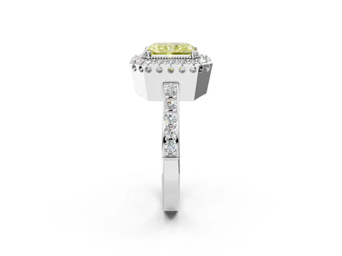 White gold Fancy Yellow Radiant Cut Diamond Halo Ring with Pavé Band and Prong Setting_2