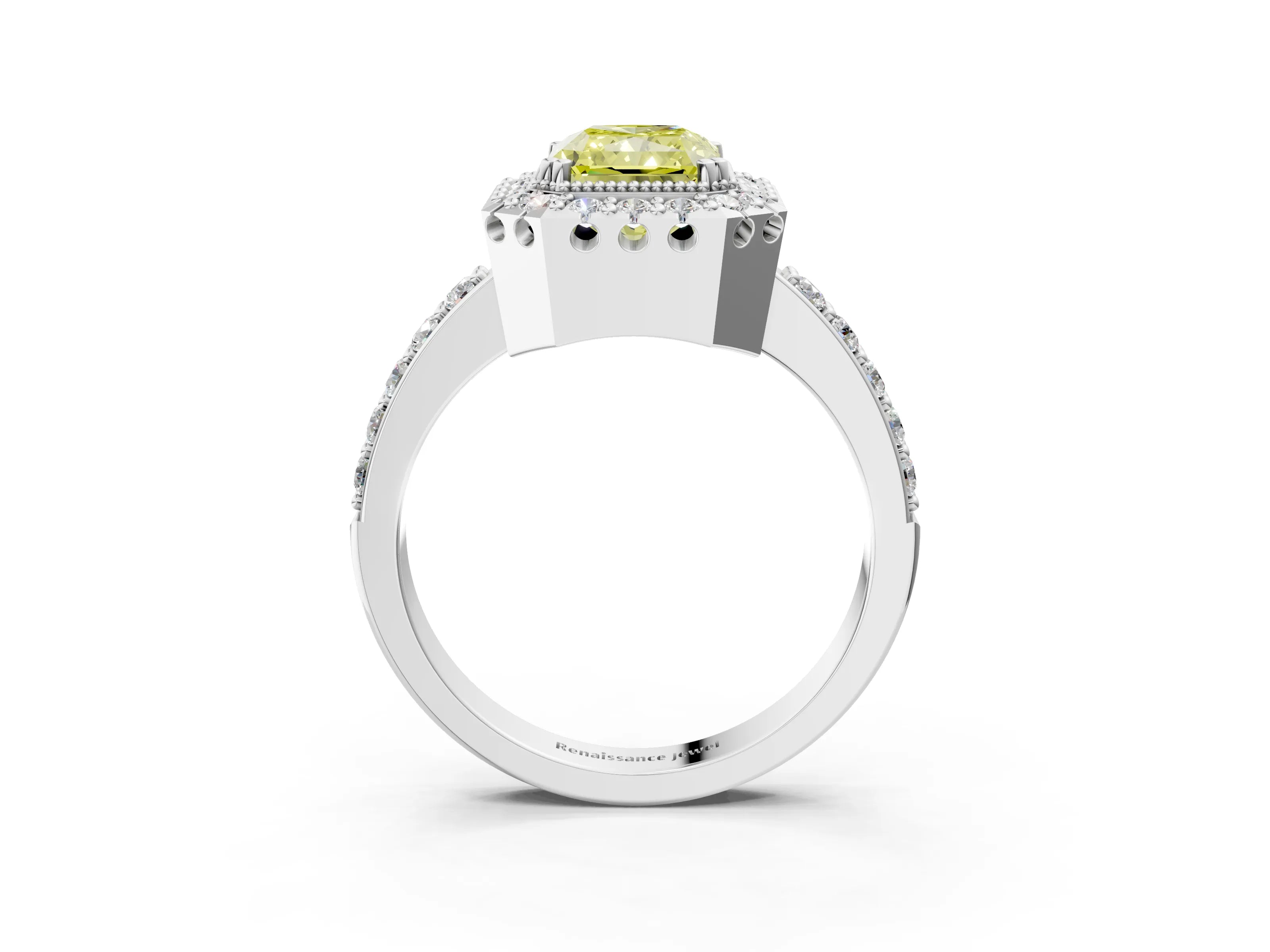 White gold Fancy Yellow Radiant Cut Diamond Halo Ring with Pavé Band and Prong Setting_3