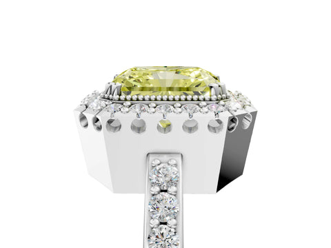 White gold Fancy Yellow Radiant Cut Diamond Halo Ring with Pavé Band and Prong Setting_5