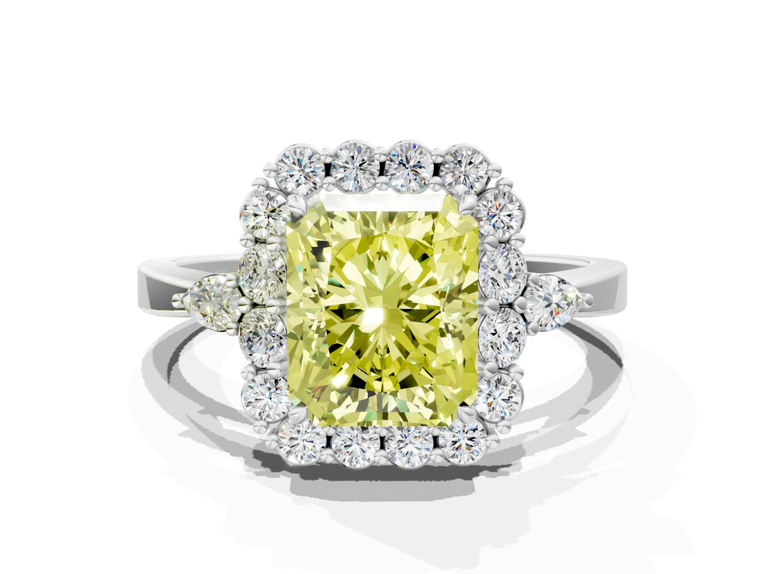 White gold Fancy Yellow Radiant Cut Diamond Halo Ring with Pear Side Stones and Prong Setting_92