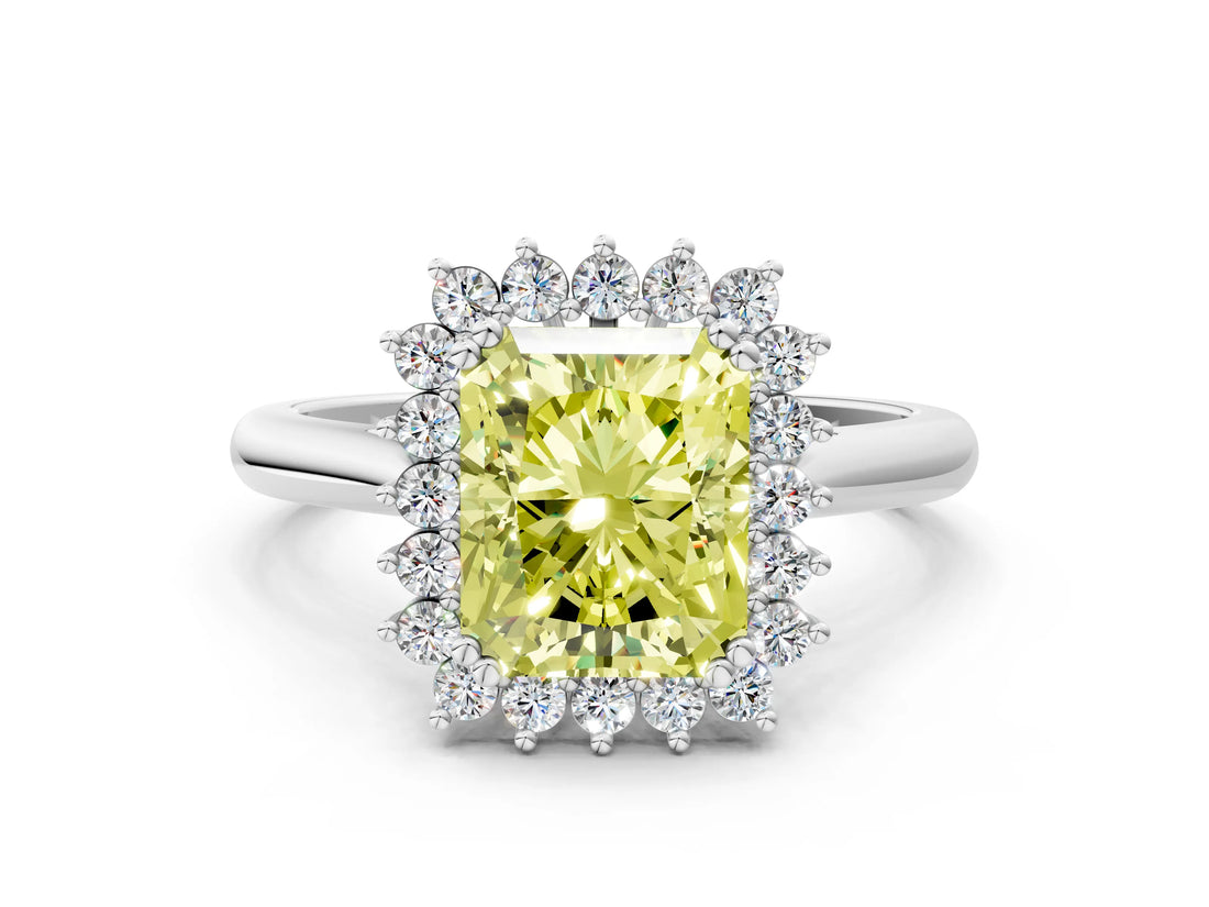 White gold Fancy Yellow Radiant  Cut Diamond Halo Ring with Solitaire Band and Prong Setting_53