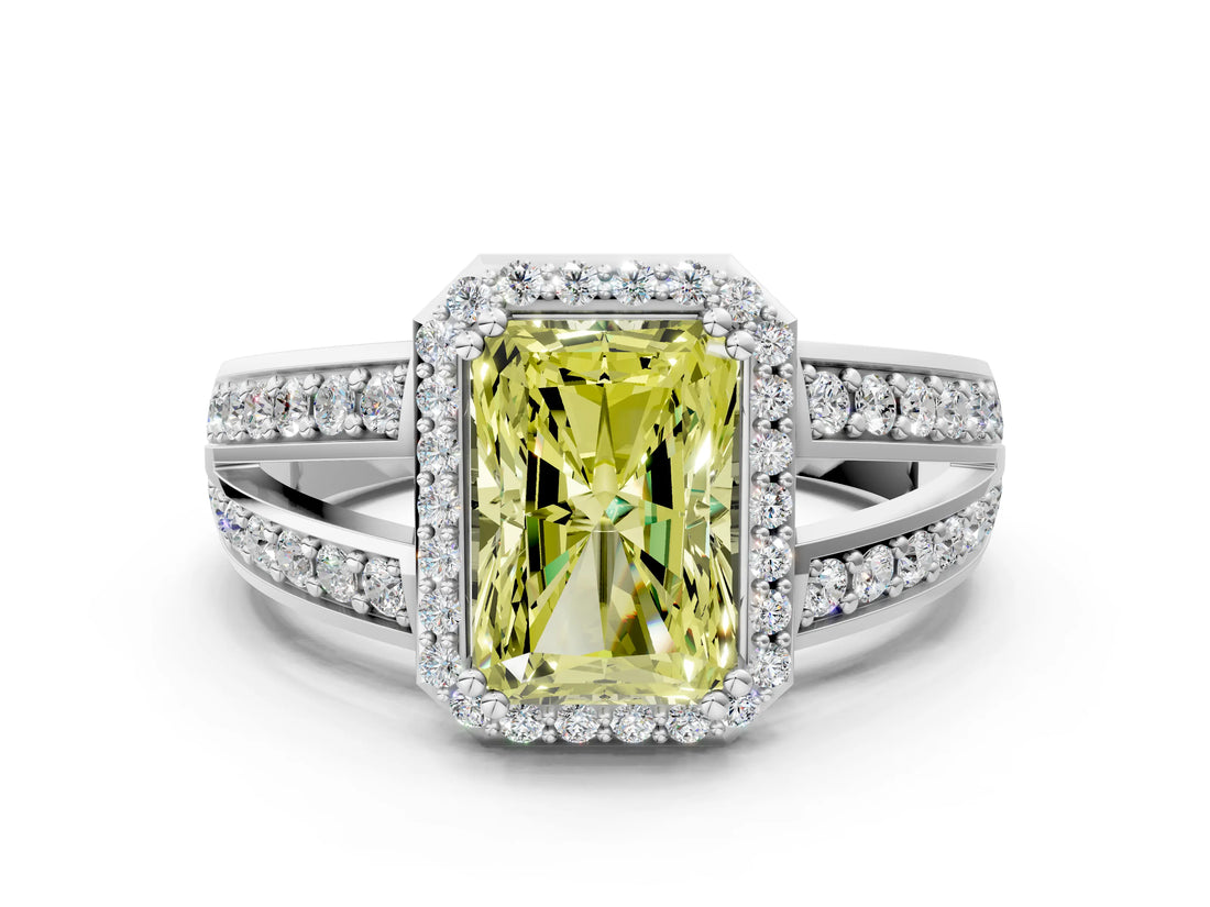 White gold Fancy Yellow Radiant Cut Diamond Halo Ring with Split Shank Pavé Band and Four-Prong Setting_12