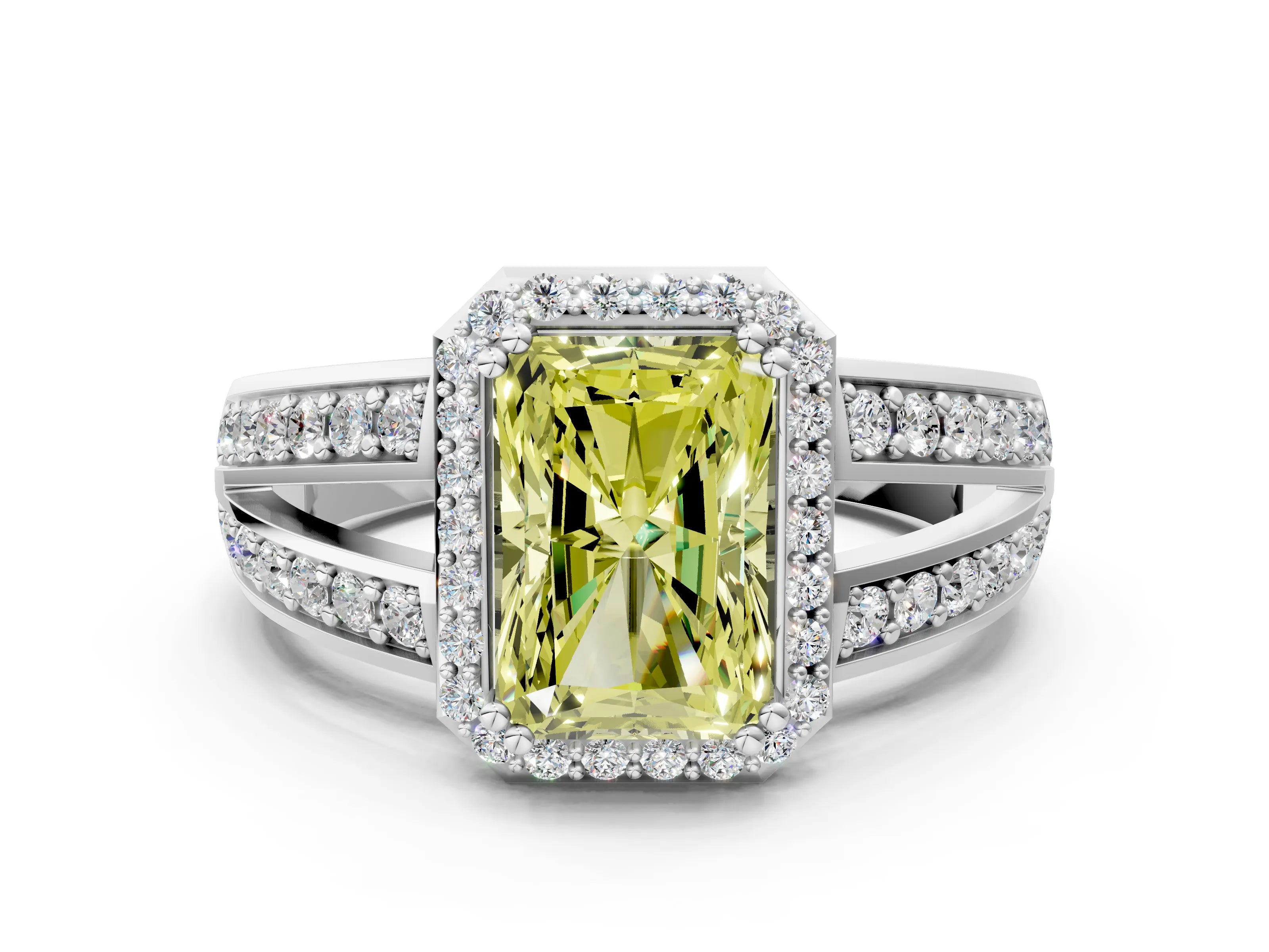 White gold Fancy Yellow Radiant Cut Diamond Halo Ring with Split Shank Pavé Band and Four-Prong Setting_12