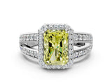 White gold Fancy Yellow Radiant Cut Diamond Halo Ring with Split Shank Pavé Band and Four-Prong Setting_12