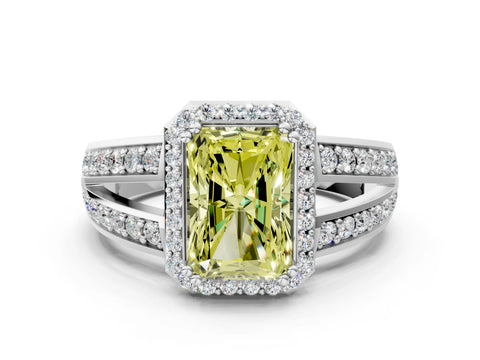 White gold Fancy Yellow Radiant Cut Diamond Halo Ring with Split Shank Pavé Band and Four-Prong Setting_12