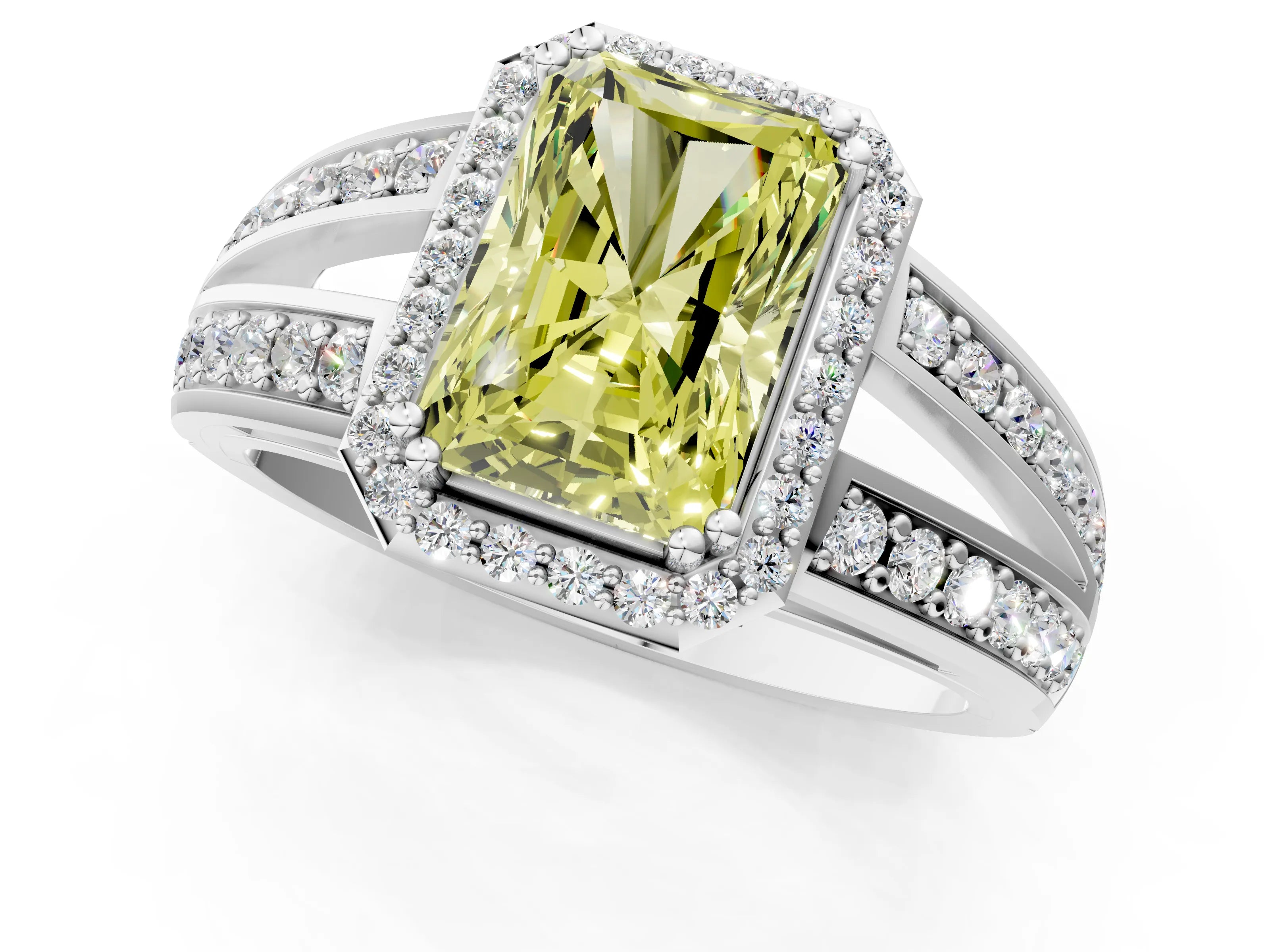 White gold Fancy Yellow Radiant Cut Diamond Halo Ring with Split Shank Pavé Band and Four-Prong Setting_13