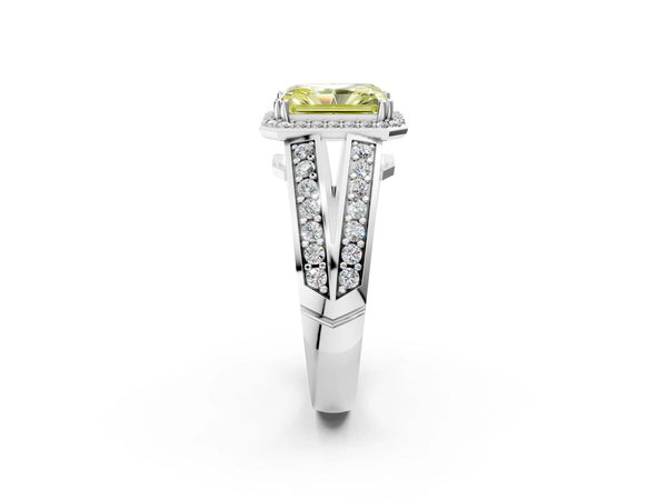 Platinum Fancy Yellow Radiant Cut Diamond Halo Ring with Split Shank Pavé Band and Four-Prong Setting