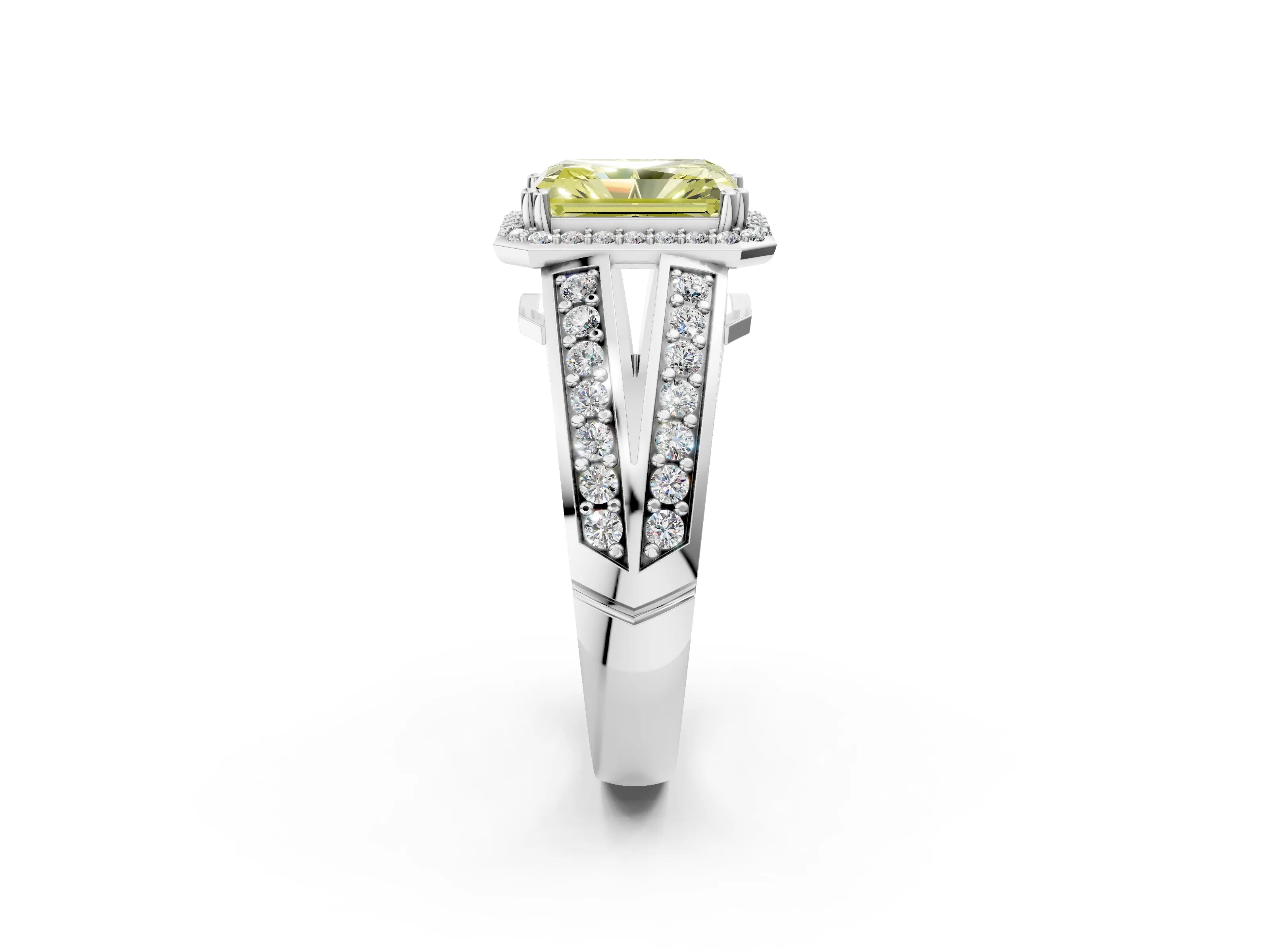 White gold Fancy Yellow Radiant Cut Diamond Halo Ring with Split Shank Pavé Band and Four-Prong Setting_14