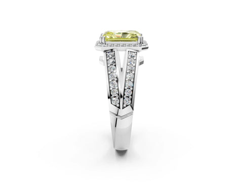 White gold Fancy Yellow Radiant Cut Diamond Halo Ring with Split Shank Pavé Band and Four-Prong Setting_14