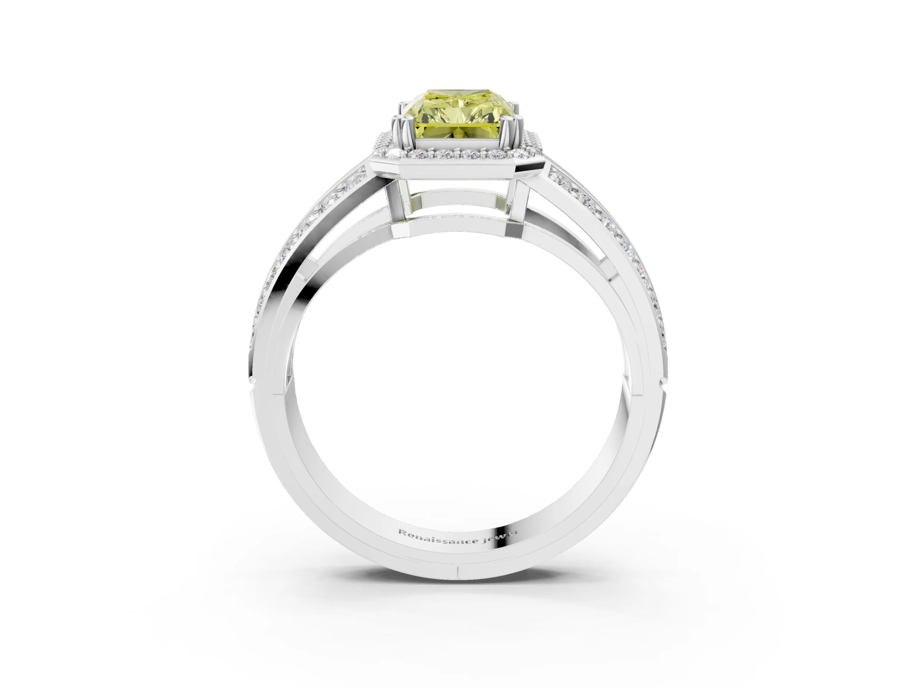 White gold Fancy Yellow Radiant Cut Diamond Halo Ring with Split Shank Pavé Band and Four-Prong Setting_15