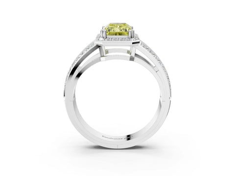White gold Fancy Yellow Radiant Cut Diamond Halo Ring with Split Shank Pavé Band and Four-Prong Setting_15