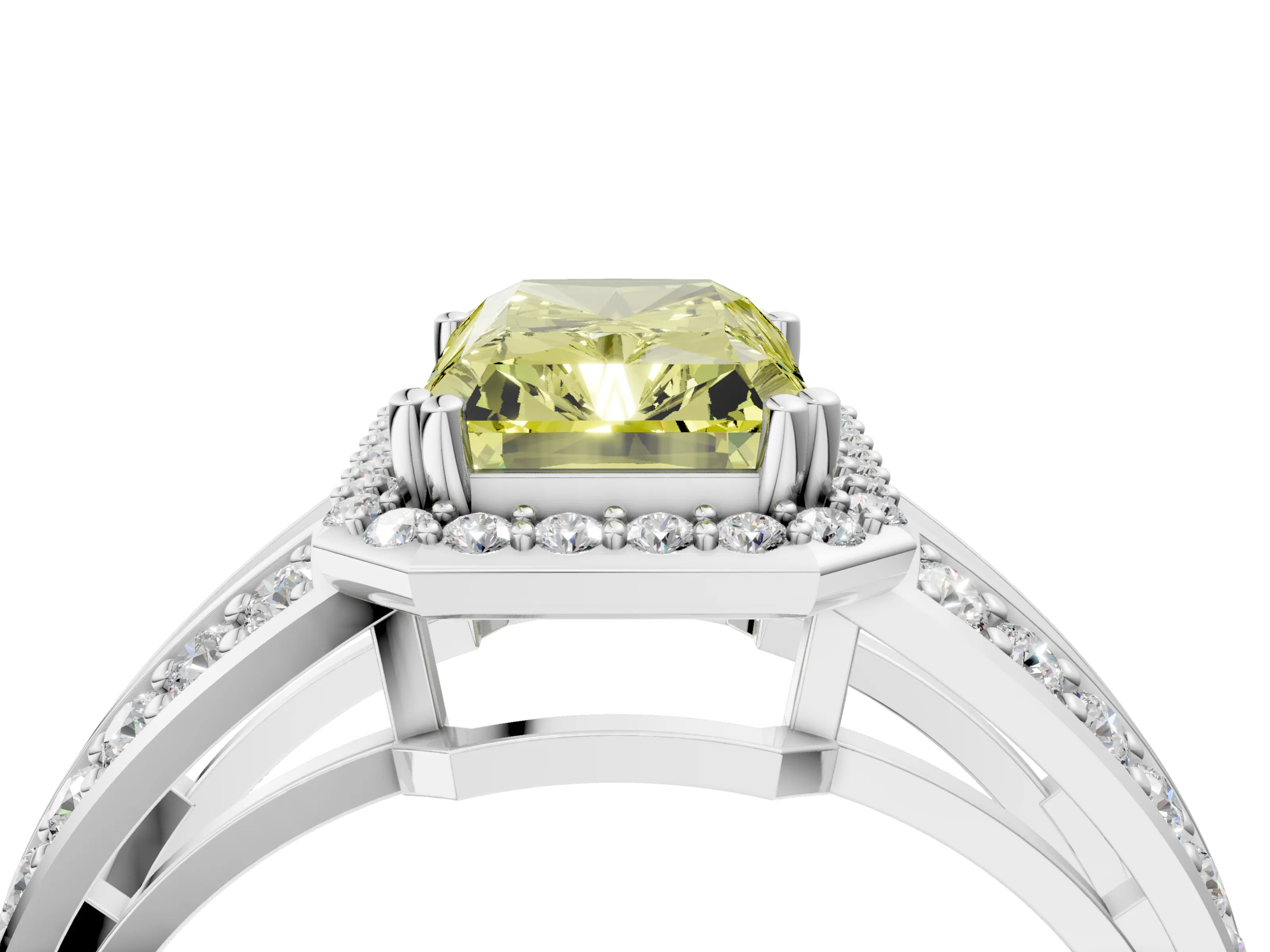 White gold Fancy Yellow Radiant Cut Diamond Halo Ring with Split Shank Pavé Band and Four-Prong Setting_16