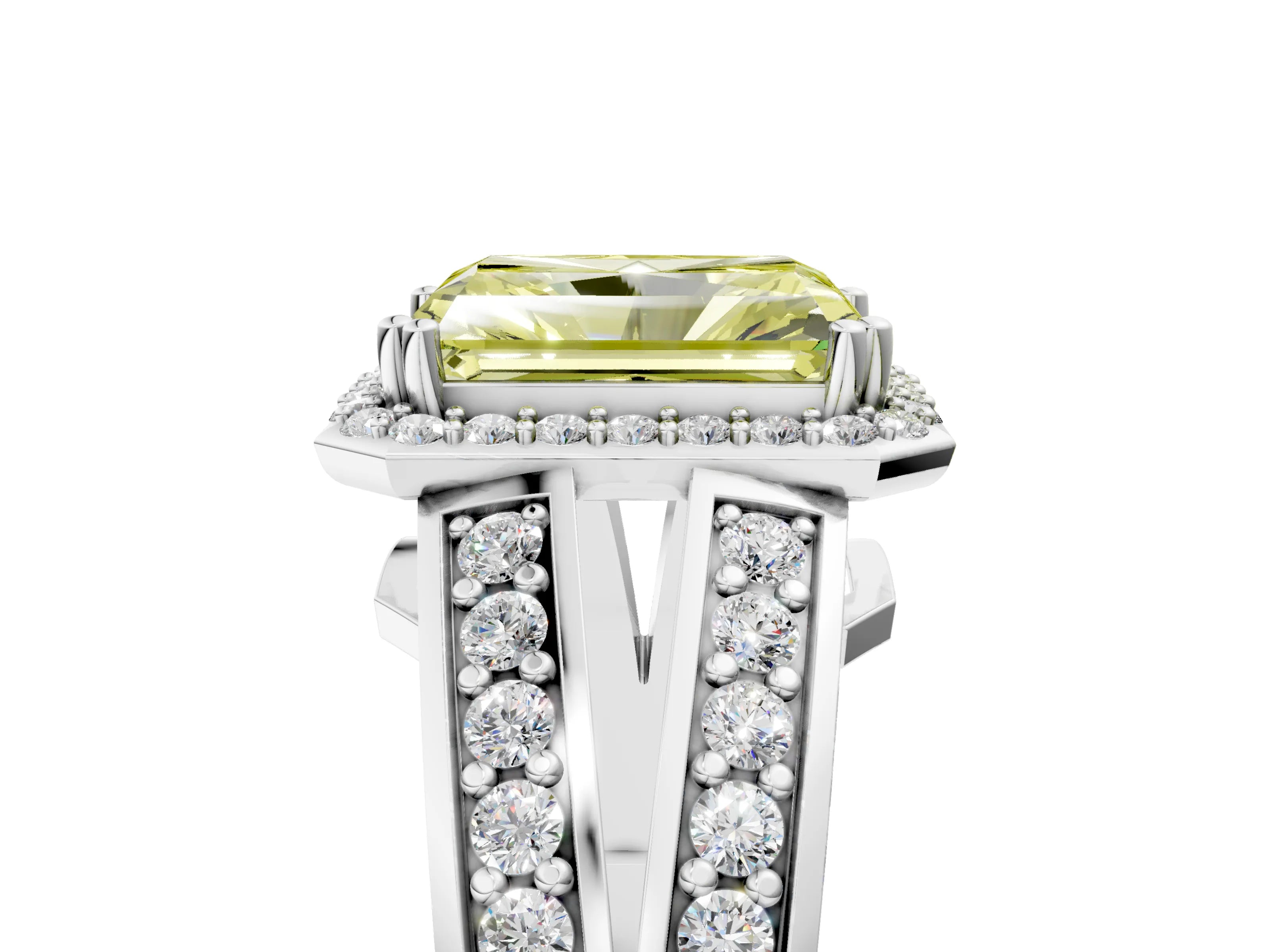 White gold Fancy Yellow Radiant Cut Diamond Halo Ring with Split Shank Pavé Band and Four-Prong Setting_17