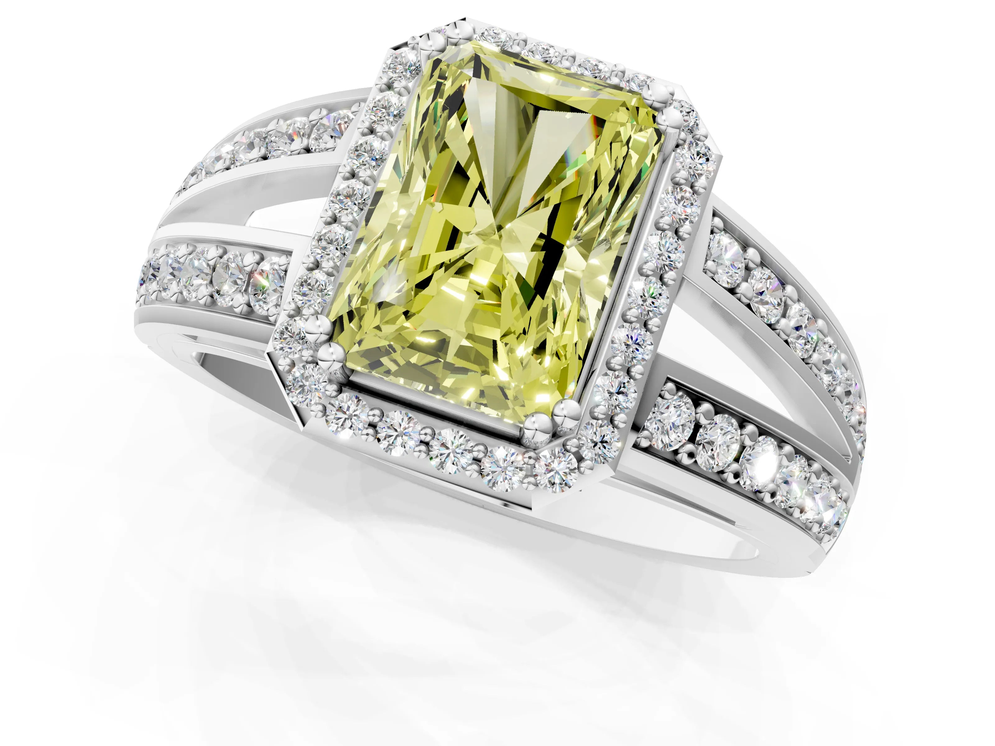 White gold Fancy Yellow Radiant Cut Diamond Halo Ring with Split Shank Pavé Band and Four-Prong Setting_1