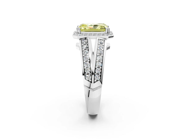 Platinum Fancy Yellow Radiant Cut Diamond Halo Ring with Split Shank Pavé Band and Four-Prong Setting