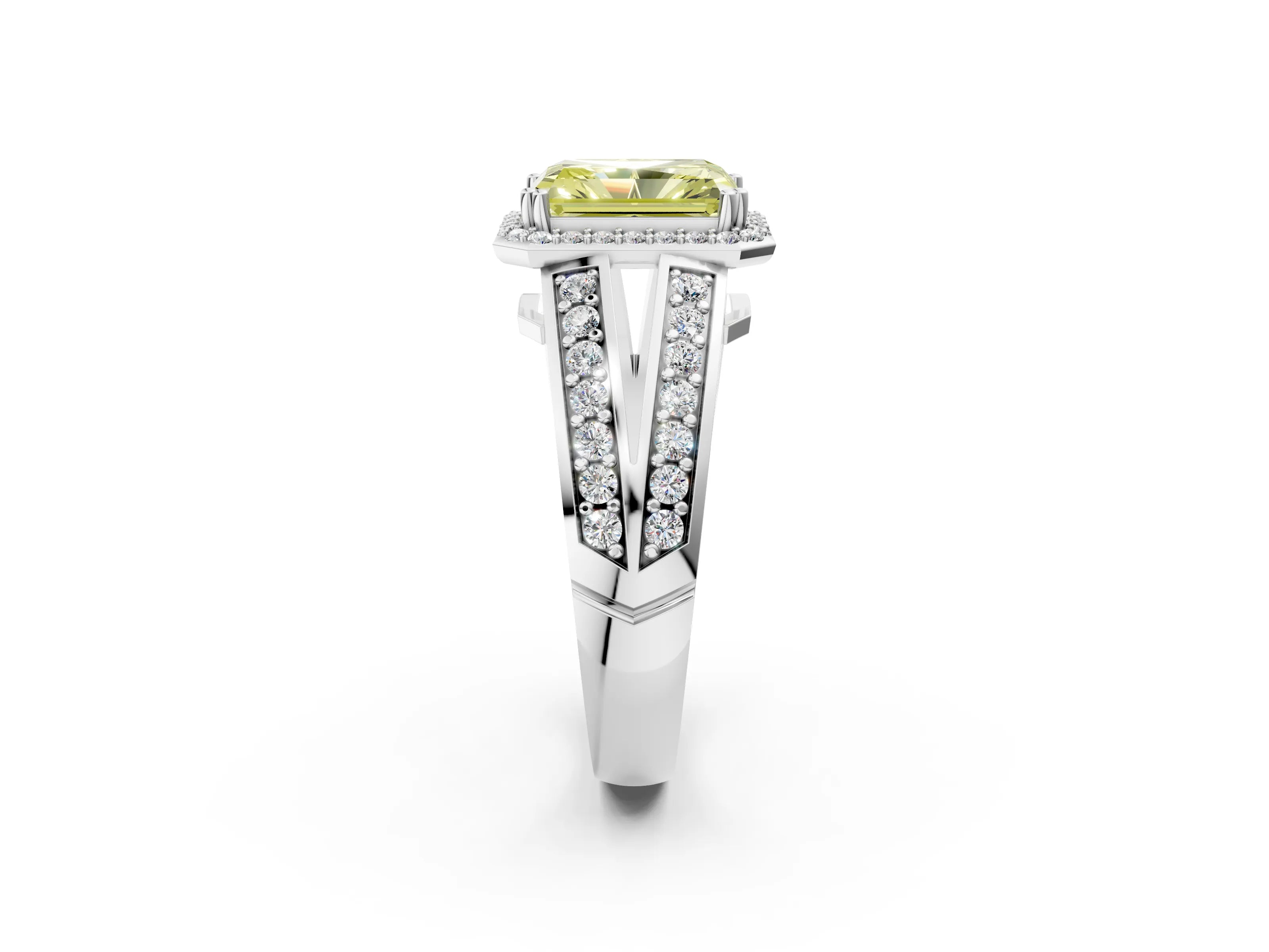 White gold Fancy Yellow Radiant Cut Diamond Halo Ring with Split Shank Pavé Band and Four-Prong Setting_2