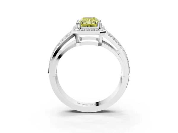 Platinum Fancy Yellow Radiant Cut Diamond Halo Ring with Split Shank Pavé Band and Four-Prong Setting