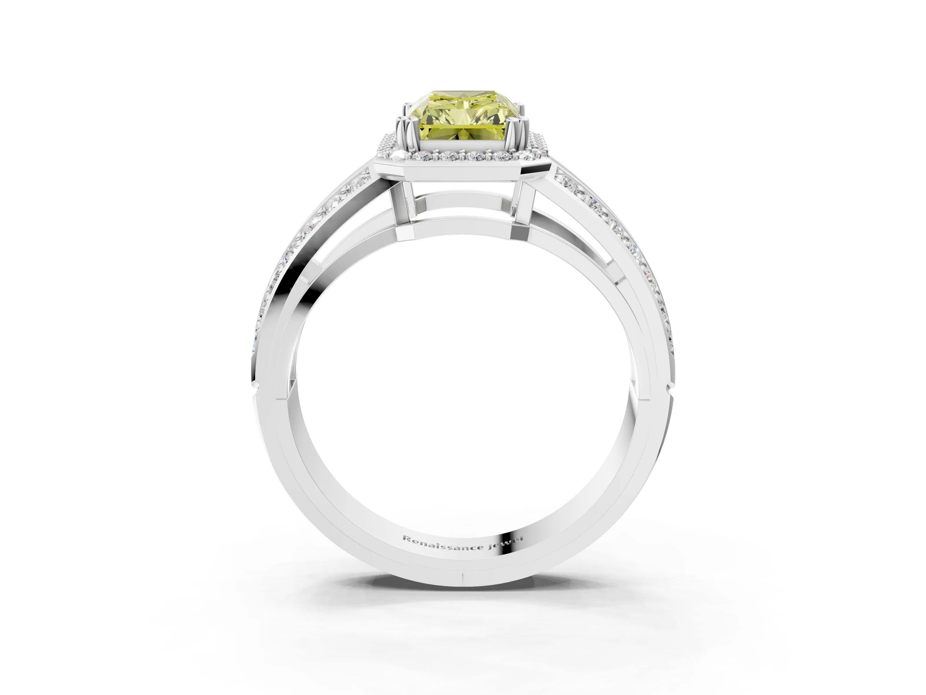 White gold Fancy Yellow Radiant Cut Diamond Halo Ring with Split Shank Pavé Band and Four-Prong Setting_3