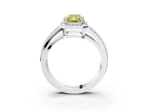 White gold Fancy Yellow Radiant Cut Diamond Halo Ring with Split Shank Pavé Band and Four-Prong Setting_3