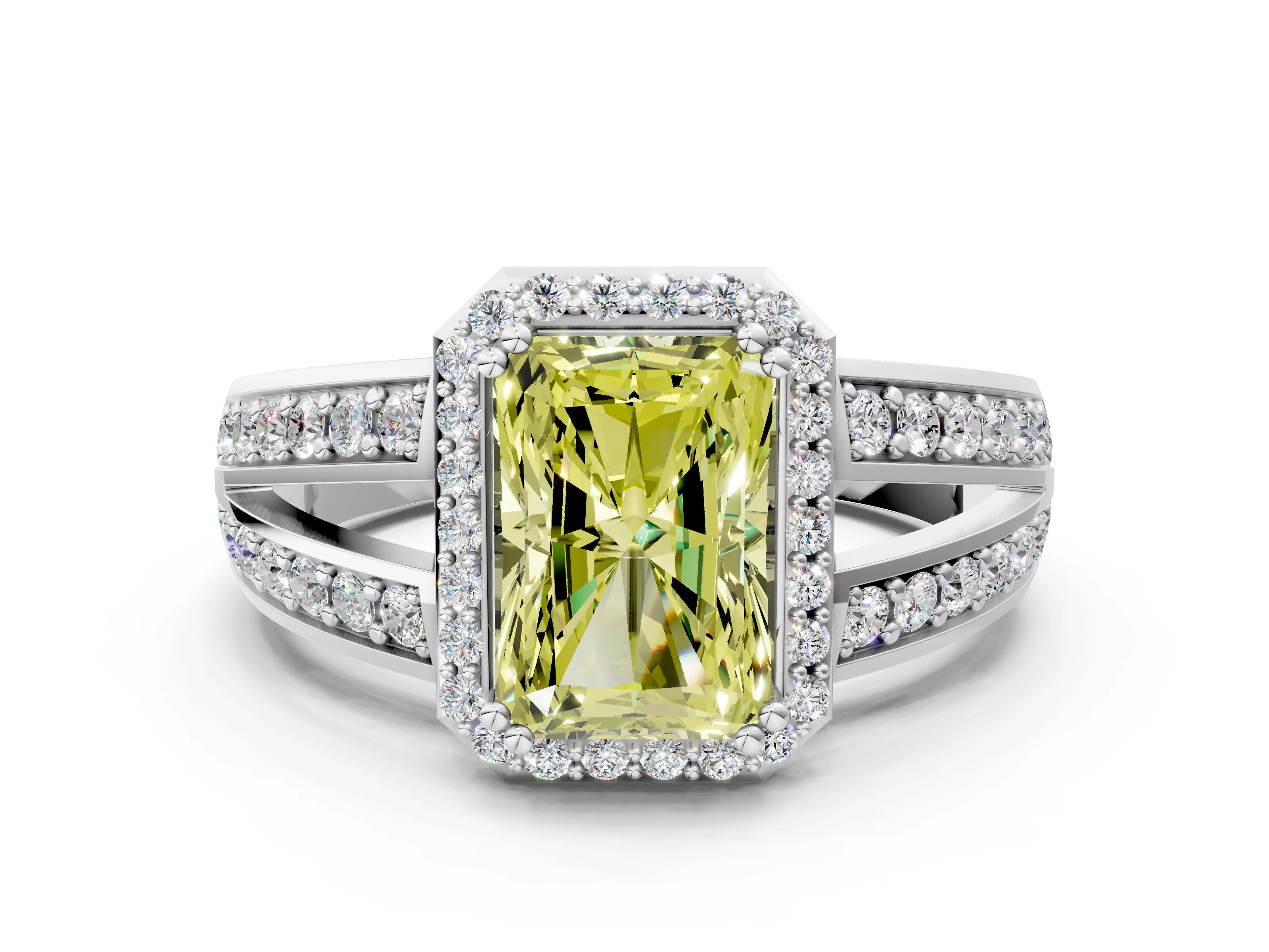 White gold Fancy Yellow Radiant Cut Diamond Halo Ring with Split Shank Pavé Band and Four-Prong Setting