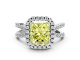 White gold Fancy Yellow Radiant Cut Diamond Halo Ring with Split Shank Pavé Band and Prong Setting_79