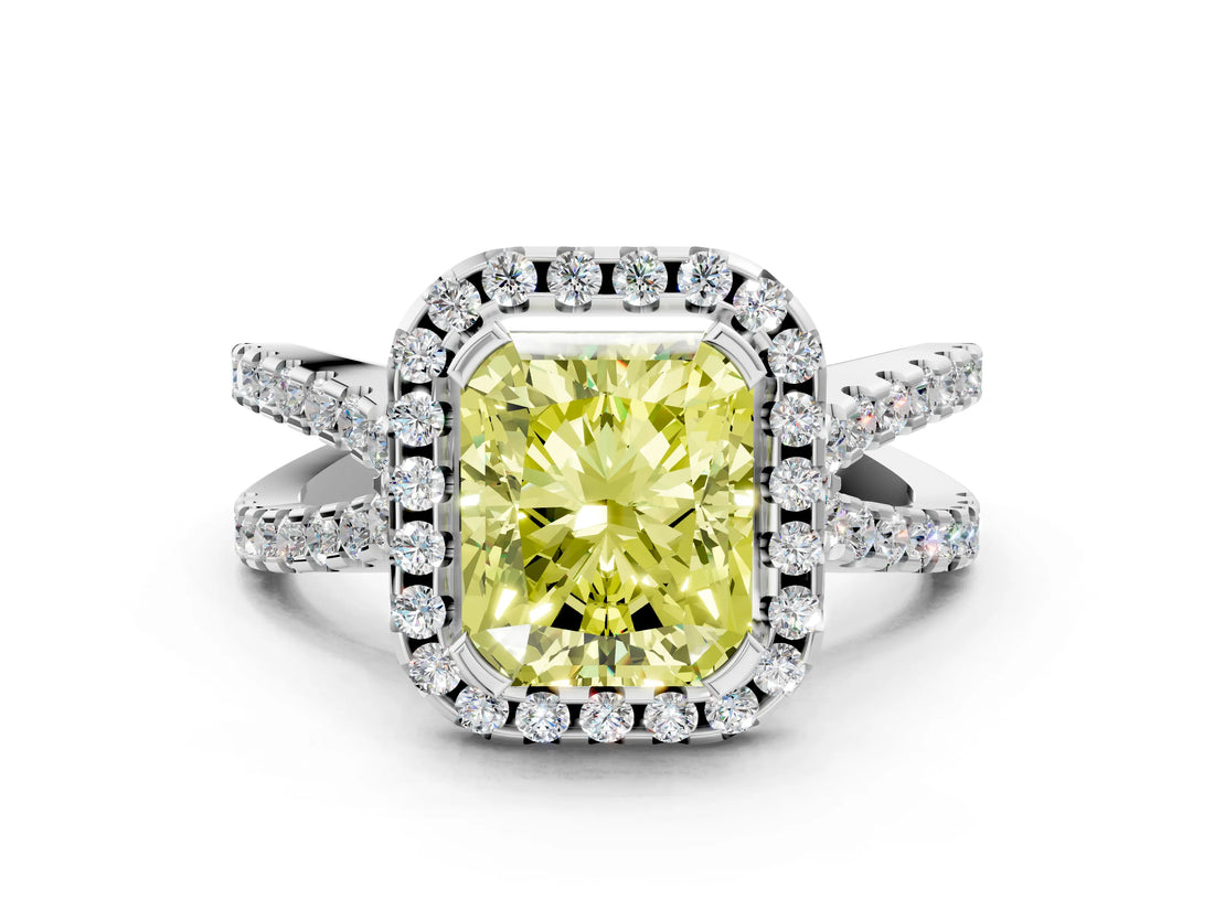 White gold Fancy Yellow Radiant Cut Diamond Halo Ring with Split Shank Pavé Band and Prong Setting_79