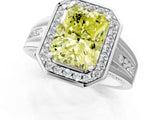 White gold Fancy Yellow Radiant Cut Diamond Halo Ring with Split Shank and Bezel Accents and Prong Setting_1