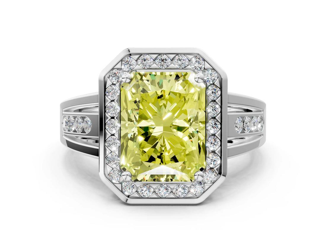 White gold Fancy Yellow Radiant Cut Diamond Halo Ring with Split Shank and Bezel Accents and Prong Setting
