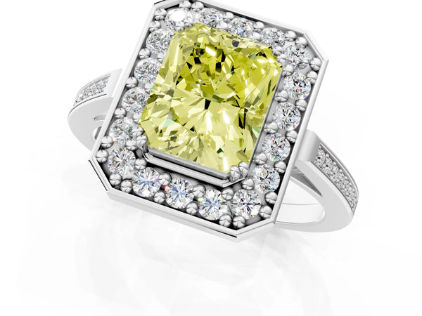 White gold Fancy Yellow Radiant Cut Diamond Halo Ring with Split Shank and Four-Prong Setting