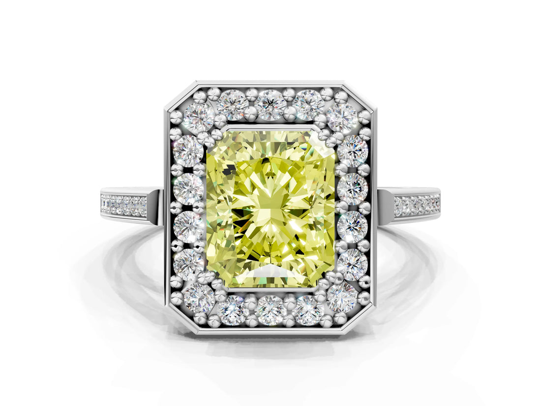 White gold Fancy Yellow Radiant Cut Diamond Halo Ring with Split Shank and Four-Prong Setting_85