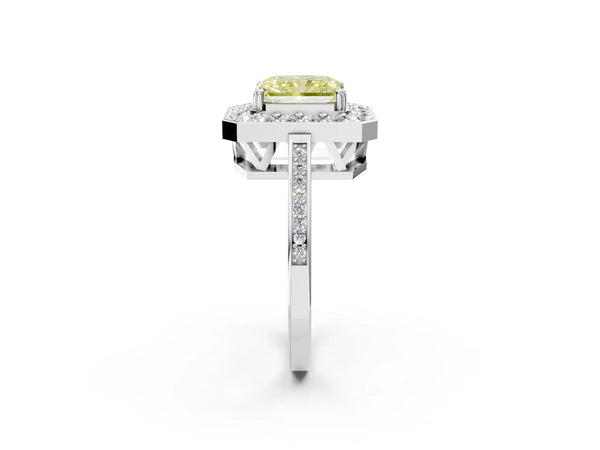 White gold Fancy Yellow Radiant Cut Diamond Halo Ring with Split Shank and Four-Prong Setting