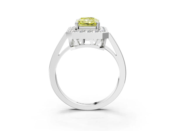 White gold Fancy Yellow Radiant Cut Diamond Halo Ring with Split Shank and Four-Prong Setting