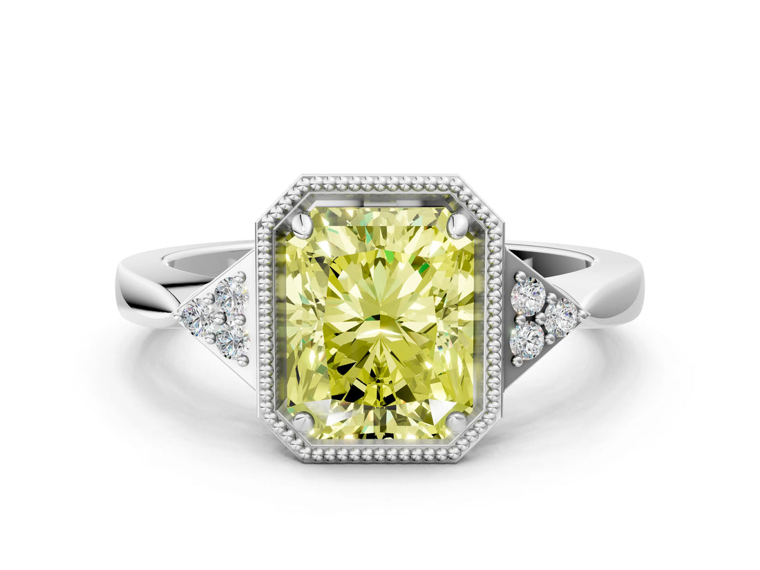 White gold Fancy Yellow Radiant Cut Diamond Halo Ring with Tapered Band and Four-Prong Setting_31