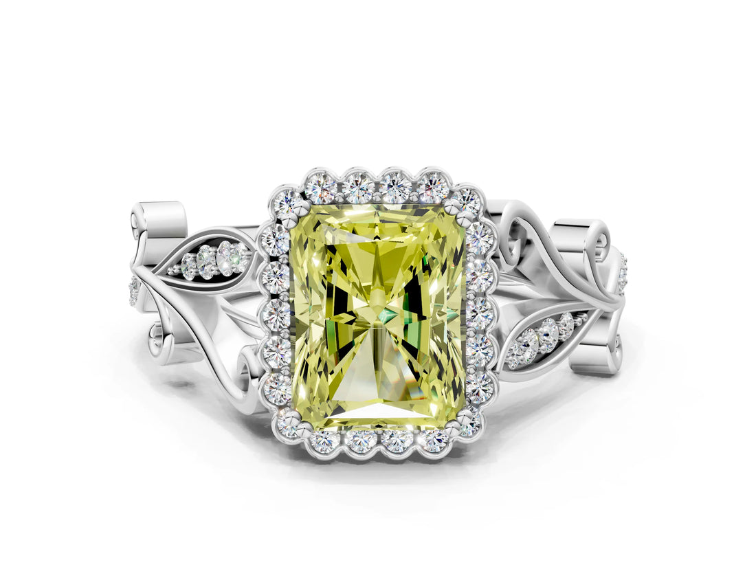 White gold Fancy Yellow Radiant Cut Diamond Halo Ring with Vintage Split Shank and Four-Prong Setting_121
