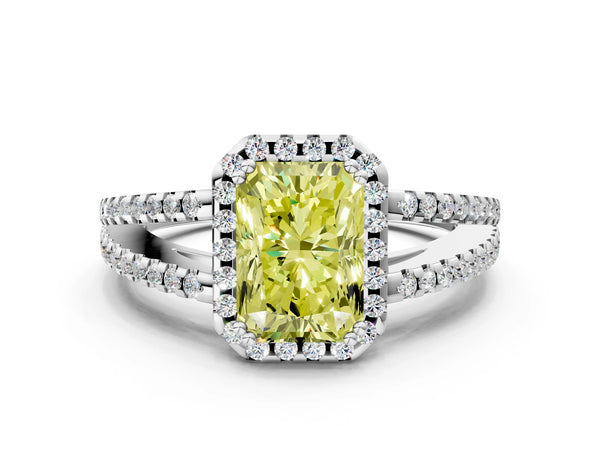 Platinum Fancy Yellow Radiant Cut Diamond Halo Split Shank Engagement Ring
