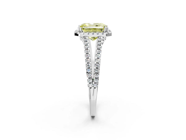 Platinum Fancy Yellow Radiant Cut Diamond Halo Split Shank Engagement Ring