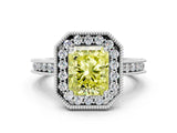 White gold Fancy Yellow Radiant Cut Diamond Milgrain Halo Engagement Ring with Round Pavé Band and Prong Setting_12