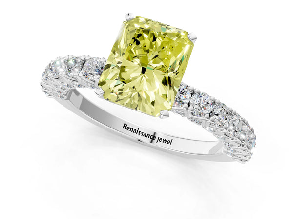 White gold Fancy Yellow Radiant Cut Diamond Pavé Band Solitaire Ring with Prong Setting