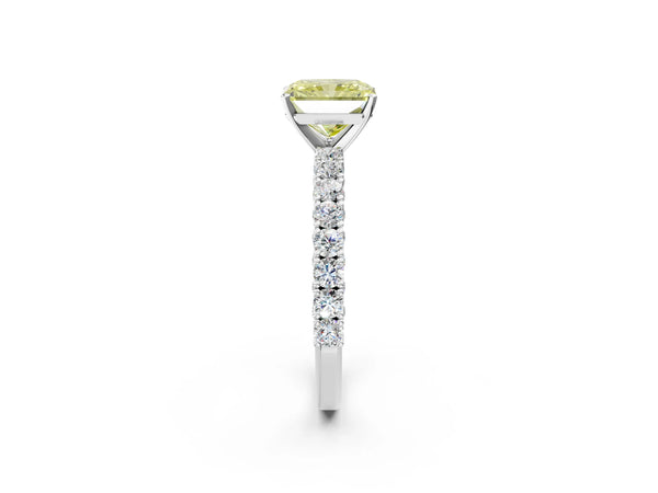 White gold Fancy Yellow Radiant Cut Diamond Pavé Band Solitaire Ring with Prong Setting