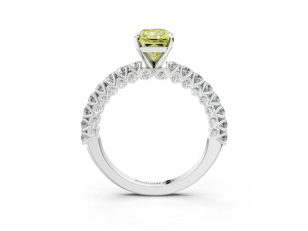 White gold Fancy Yellow Radiant Cut Diamond Pavé Band Solitaire Ring with Prong Setting
