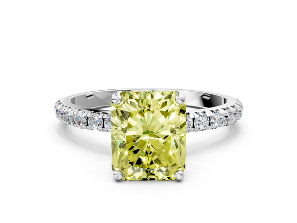 White gold Fancy Yellow Radiant  Cut Diamond Solitaire Ring with Micro Pave Band and Four Prong Setting