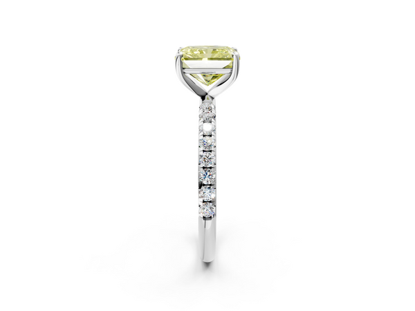 White gold Fancy Yellow Radiant  Cut Diamond Solitaire Ring with Micro Pave Band and Four Prong Setting