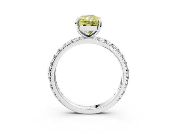 White gold Fancy Yellow Radiant  Cut Diamond Pavé Band with Four-Prong Setting