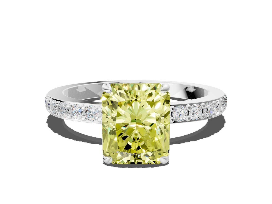 White gold Fancy Yellow Radiant Cut Diamond Pavé Engagement Ring with Round  Accents and Prong Setting_125