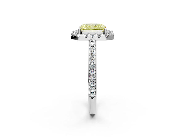 White gold Fancy Yellow Radiant Cut Diamond Pavé Halo Ring with Four-Prong Setting