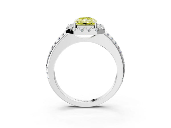 White gold Fancy Yellow Radiant Cut Diamond Pavé Halo Ring with Four-Prong Setting