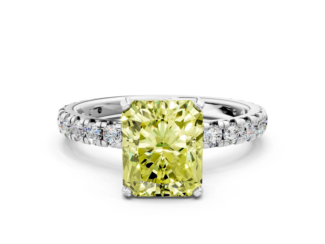White gold Fancy Yellow Radiant Cut Diamond Pavé Solitaire Ring with Round Band and Prong Setting_12