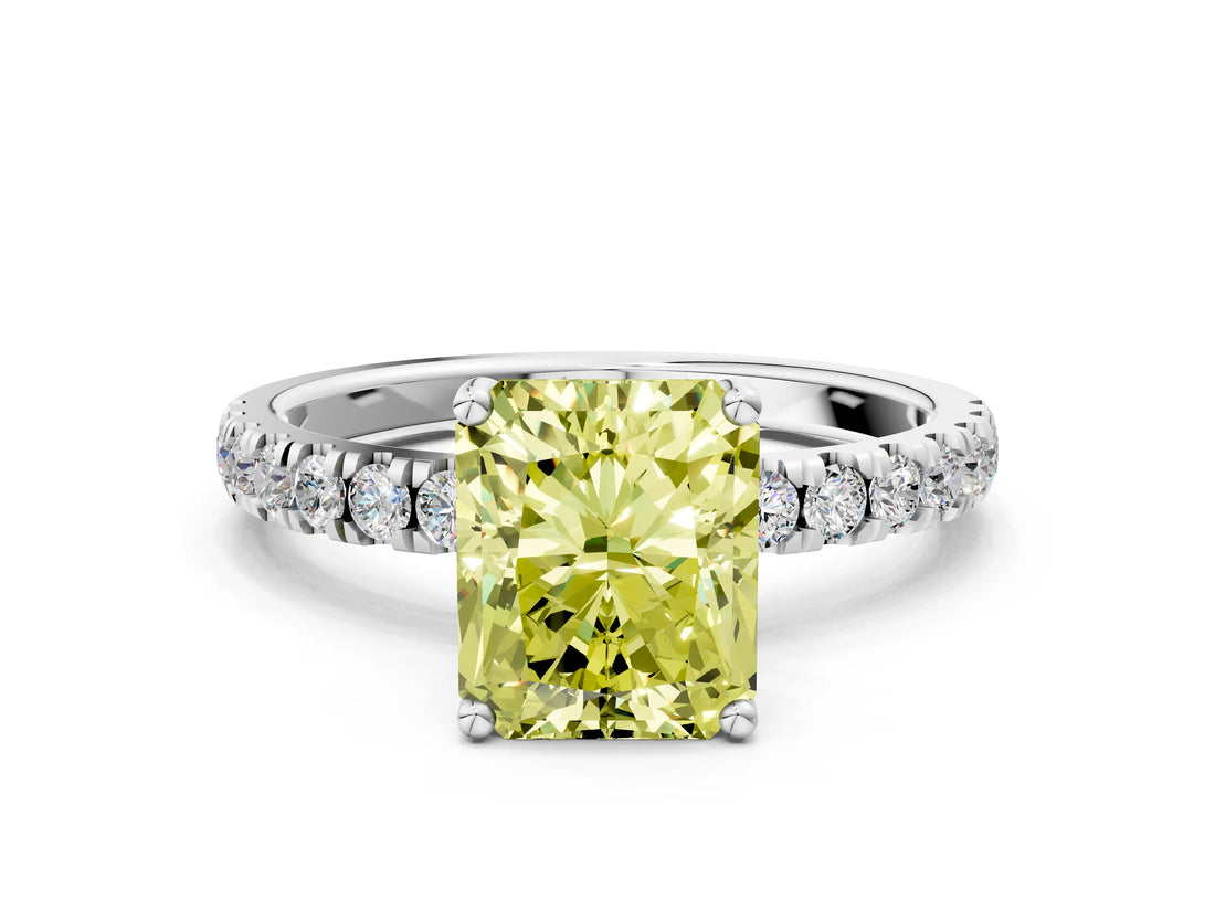 White gold Fancy Yellow Radiant Cut Diamond Pave Band Solitaire Ring with Round  and Prong Setting_130